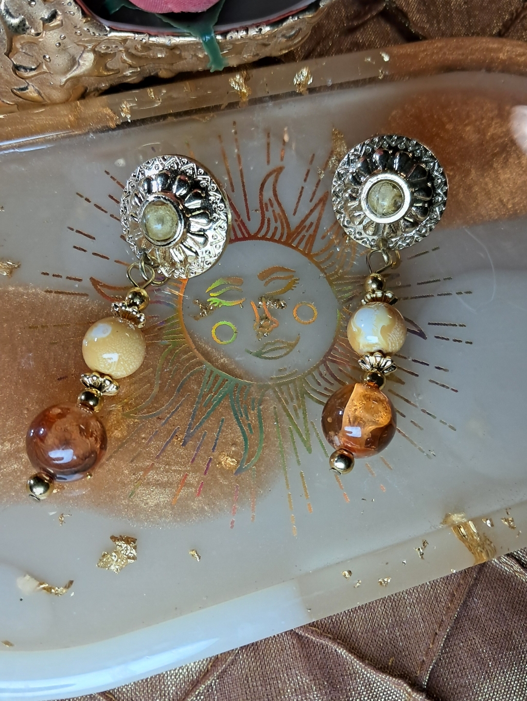 Majestic Goldtone Sunburst  Earth Tone Beaded Dangles